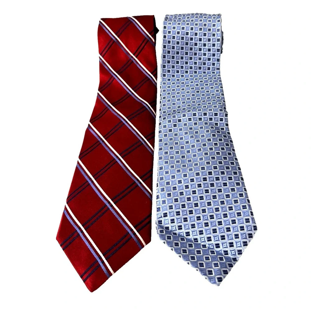 Tommy Hilfiger 2 Silk Ties Red Blue Geometric Striped Print Preppy Nautical Work